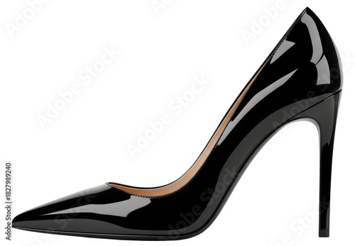 Elegant black patent leather stiletto high heel shoe on black background