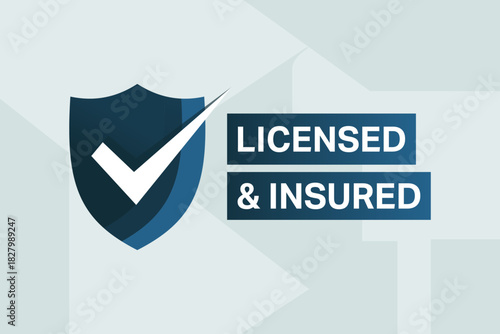 Licensed & Insured Badge – Blue Shield with Checkmark and Bold Text for Business Trust and Service Legitimacy