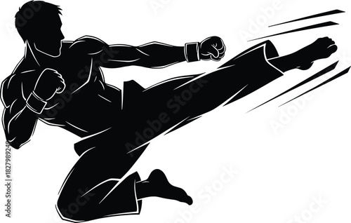 Black silhouette of a man performing a martial arts kick, silhouette, man, martial arts, kick, karate, kung fu, fighter, action, dynamic, movement, sport, combat, black and white, graphic, illustratio