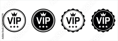 Exclusive VIP badge collection conveys premium access, special privileges, and luxury rewards for your elite members in modern black and white design.