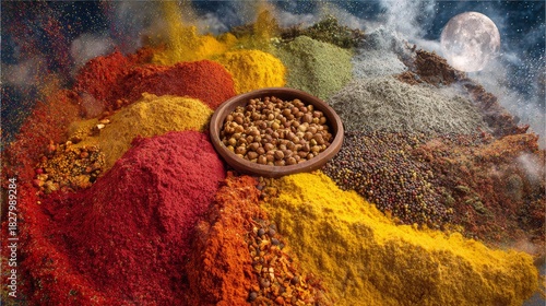 Spice Spectrum: An eye-level close-up showcases a vibrant arrangement of various spices, each meticulously presented in distinct piles and hues, accompanied by a small bowl of seeds.
