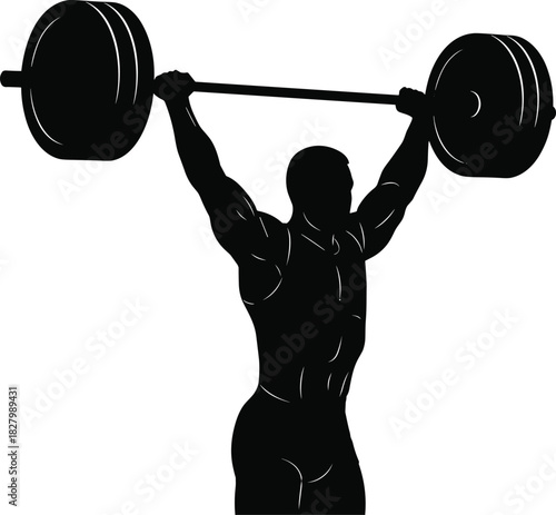 Black silhouette of a muscular man lifting a barbell overhead, weightlifting, barbell, strength, fitness, bodybuilding, exercise, workout, athlete, muscle, man, silhouette, black and white, sport, pow