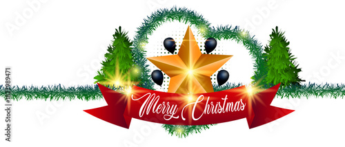 Merry Christmas celebration and happy New Year greeting card. Holiday festive decoration art with ribbon, Christmas pine tree, bow, star and stylish design