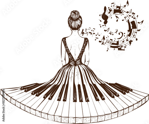 An engraving art style illustration elegant ballerina figure seen from behind wearing a grand piano keyboard as a wide skirt with musical notes transforming into butterflies