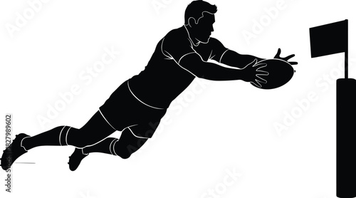 Black silhouette of a rugby player diving for a try, rugby, player, sport, action, diving, try, ball, goal post, black and white, silhouette, athletic, game, competition, movement, dynamic, speed, str