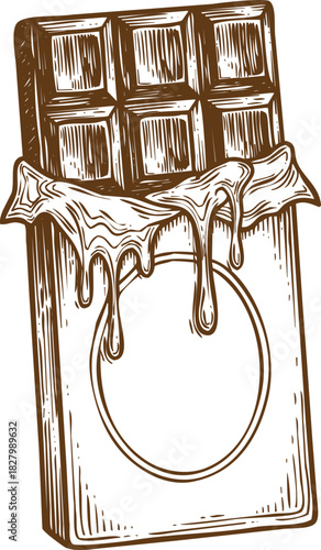 An engraving art style illustration hand drawn sketch of a delicious chocolate bar partially unwrapped with melting drips