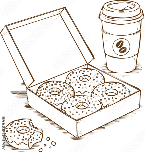 An engraving art style illustration hand drawn sketch of a box of four donuts with one bitten donut and a takeaway coffee cup