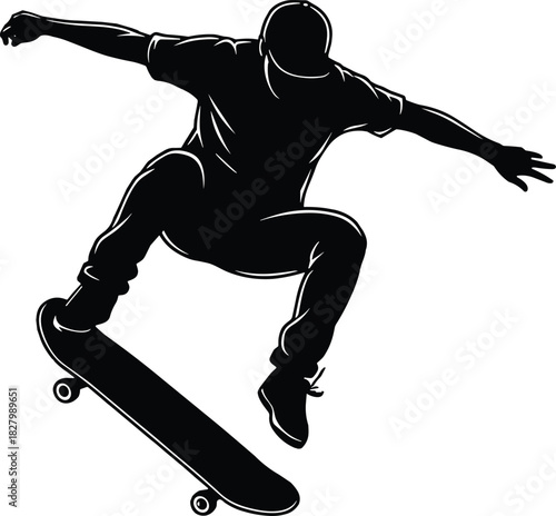 Black silhouette of a skateboarder performing a trick, skateboarder, silhouette, black and white, skateboarding, trick, action, sport, extreme sport, dynamic, motion, jump, skate, board, wheels, perso