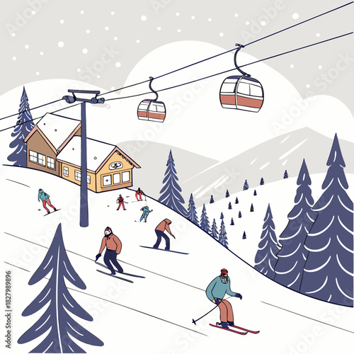 Skiers enjoying a day on the slopes with a ski lift in the background.