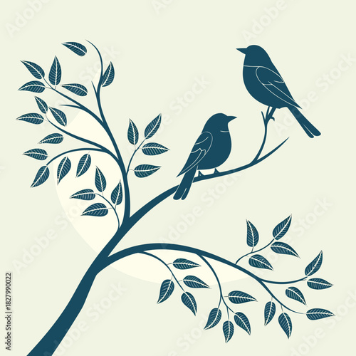 Two birds perched on a tree branch with leaves.