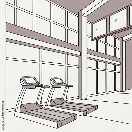 Treadmills in a Gym with Large Windows Illustration.