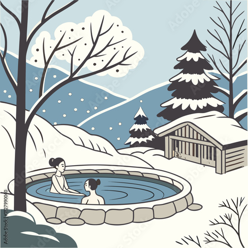 Two Women Enjoying a Winter Hot Spring in a Snowy Landscape.