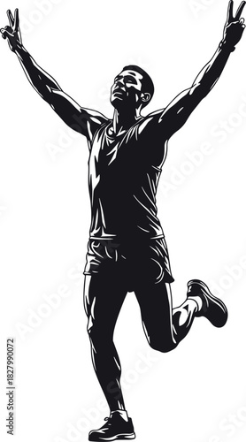 Black silhouette of a triumphant male athlete with arms raised, athlete, man, male, silhouette, black and white, victory, winning, celebration, success, triumph, arms raised, peace sign, v sign, runni