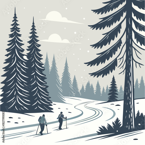 Winter Adventure Skiers in a Snowy Forest Landscape.