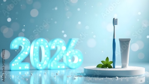 New Year's oral hygiene banner, toothpaste and toothbrush.