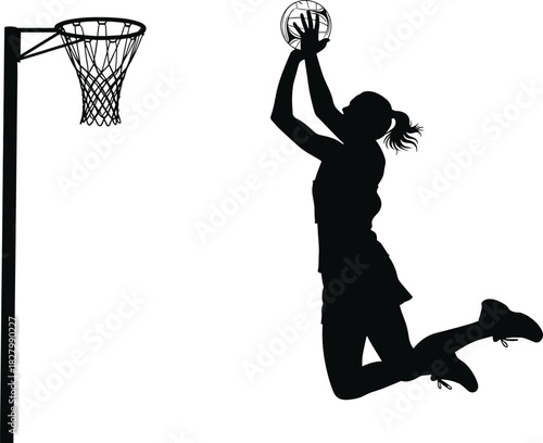 Black silhouette of a woman playing netball jumping to shoot, netball, silhouette, woman, player, sport, game, action, jumping, shooting, ball, hoop, goal, athletic, female, active, competition, movem