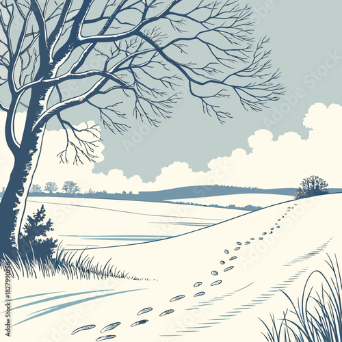 Winter Landscape with SnowCovered Field and Bare Tree.