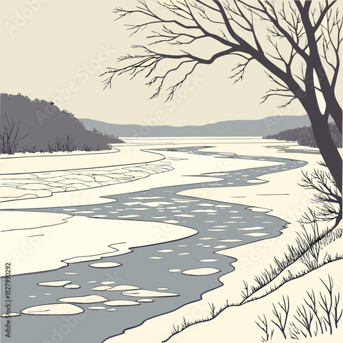 Winter River Landscape with Ice Floes and Bare Trees.
