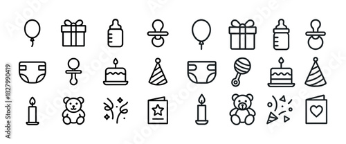 Baby shower icons collection: gifts, balloons, and celebratory symbols
