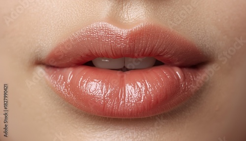 Primerísimo primer plano de labios brillantes color melocotón, piel perfecta y estética editorial