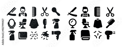 Barber and salon tools: scissors, comb, mirror, razor, hairdryer icons