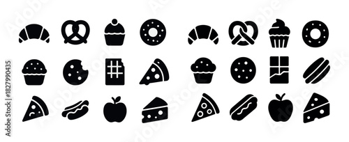 Assorted black food icons: pastry, desserts, snacks, fruits, fast-food