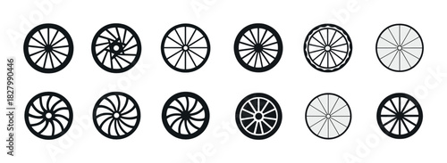Collection of twelve bicycle wheel silhouettes with diverse spoke patterns