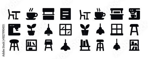 Collection of furniture and home appliance icons in black silhouette style