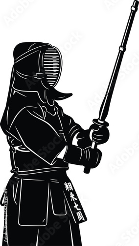 Black silhouette of kendo practitioner holding shinai, kendo, martial arts, warrior, fighter, sport, japan, japanese, combat, discipline, training, practice, sword, weapon, uniform, hakama, men, adult