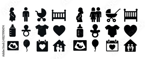 Pregnancy and parenthood icons: strollers, cribs, clothing, baby bottles, ultrasound, family, heart, calendar