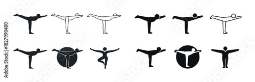 Silhouette stick figures in various yoga poses with stark black and white contrast