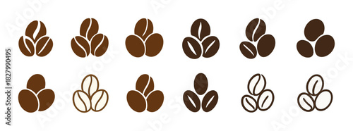 Set of twelve stylized coffee bean icons in various brown shades