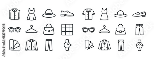 Fashion and accessories icons set: shirts, dresses, hats, glasses, bags, shoes, watches, hangers
