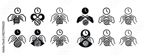 Knitting icons: diverse hands with yarn and clocks