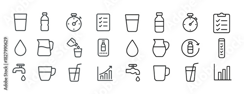 Collection of hydration icons: bottles, glasses, timers, charts, and faucets