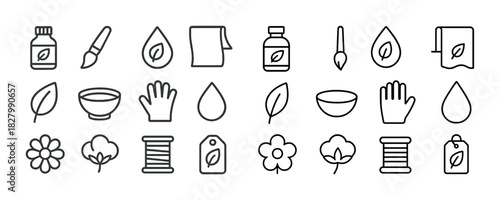 Eco-friendly icons set with leaves, drops, flowers, and tools for sustainability
