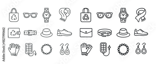 Recyclable fashion icons: accessories, watches, shoes, hat, jewelry, gloves, wallet