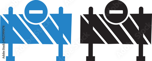vector Road barrier icon  set, Stop traffic road style collection, construction site safety icons blue colors black and on white background
