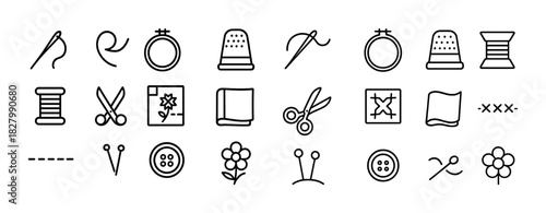 Sewing icons collection: needles, scissors, thread, thimble, embroidery