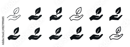Set of eco-friendly hand and leaf icons