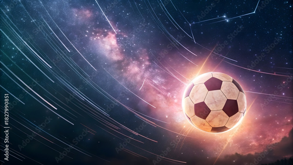 Fototapeta premium Soccer Ball in Nebula Glowing Football in Space -Abstract
