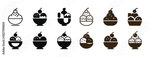 Assorted ice cream icons in black and brown with cherries