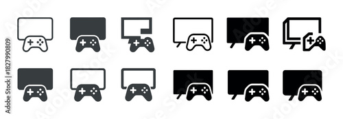 Icon set of video game consoles and controllers in black and white