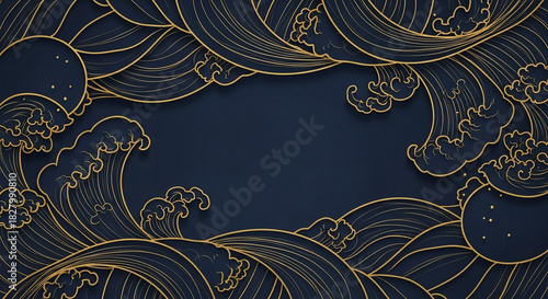 Fototapeta Naklejka Na Ścianę i Meble -  Elegant japanese style wave background with gold outlines and dark blue tones for arts