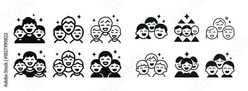 Icons of diverse happy faces in various group compositions
