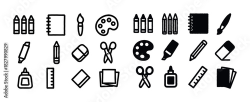 Art supplies collection: brushes, paints, pencils, scissors, palette, glue, ruler