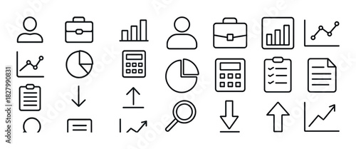 Business and analytics icon set including graphs and briefcases