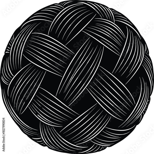 Black woven ball with white curved lines round, ball, woven, black, white, round, sphere, texture, pattern, sport, game, abstract, graphic, design, illustration, object, detail, close up, symmetrical,