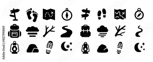 Outdoor adventure icons: maps, compass, backpack, lantern, footprints for hiking and camping