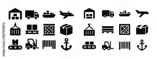 Logistics and transportation icons set: warehouse, cargo, shipping, air freight, container